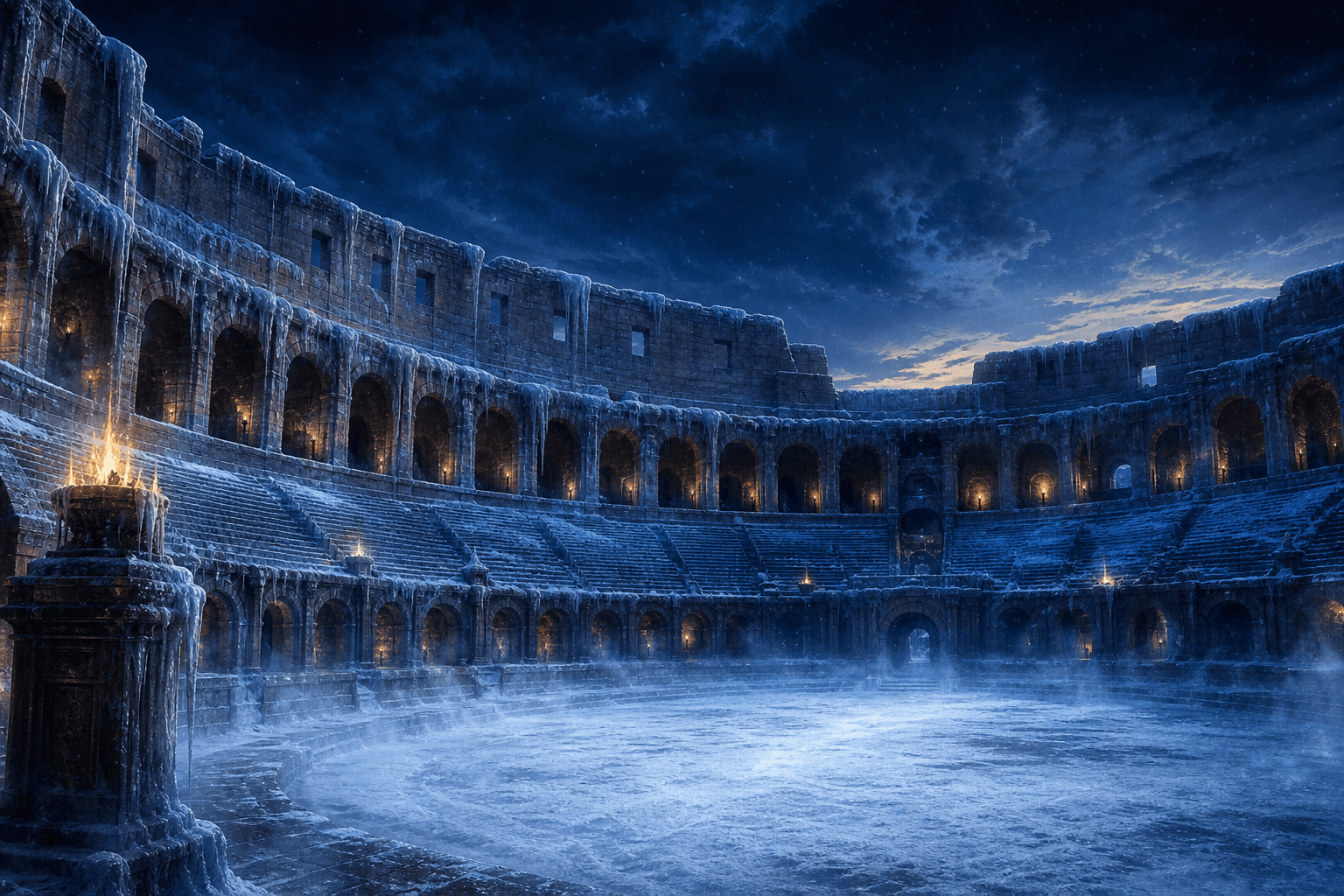 A frozen ancient Roman arena lit by torchlight and ice-blue glow